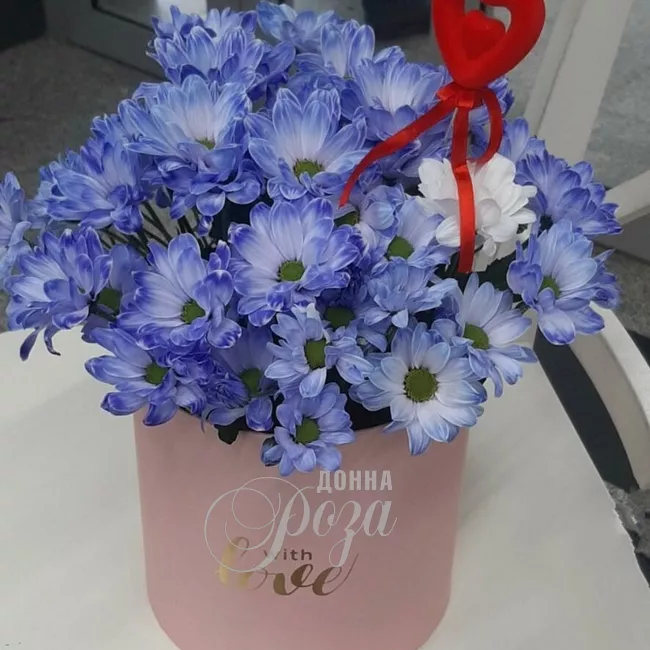 Композиция в шляпной коробке &laquo;Голубые ромашки&raquo;